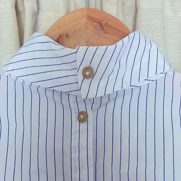 Scotch & Soda White/Blue Asymmetrical Pinstripe High-collar Rear Button Blouse - Picture 5 of 8